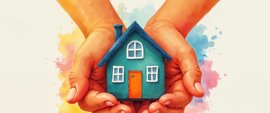 Hands carefully hold blue house illustration. Concept for fair housing month campaign