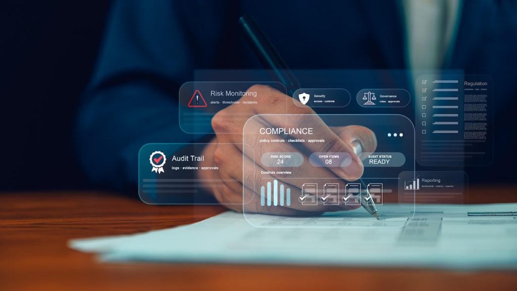 Compliance and audit trail system for risk monitoring and regulation. This business dashboard security and governance concept shows digital data management for corporate transparency.