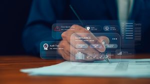 Compliance and audit trail system for risk monitoring and regulation. This business dashboard security and governance concept shows digital data management for corporate transparency, 24 CFR compliance