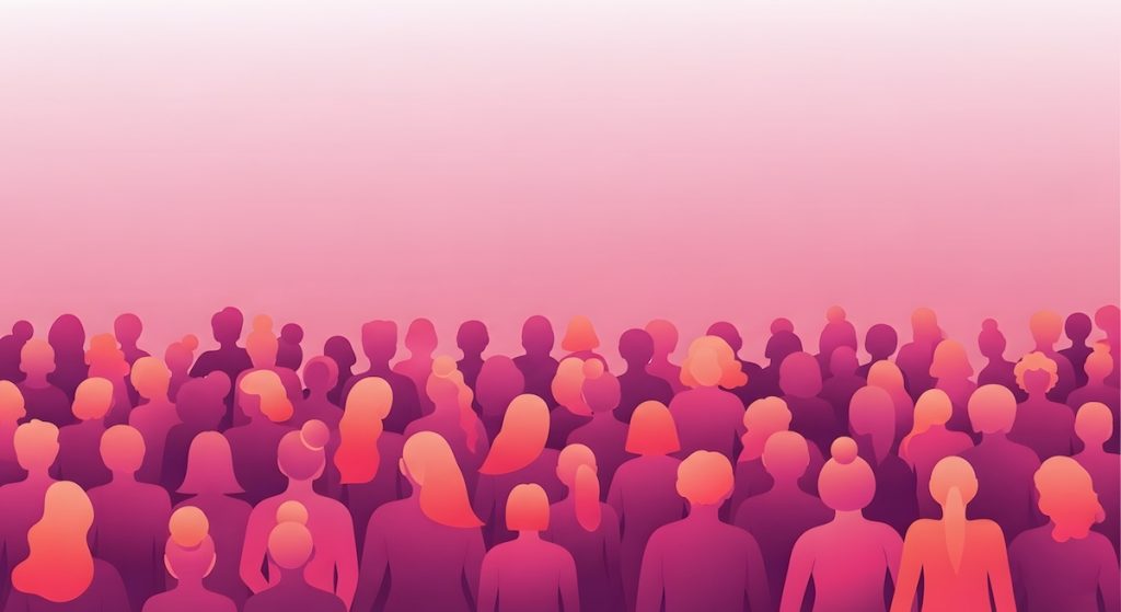 A large crowd of people in silhouette, depicted with a vibrant pink and purple gradient, suggesting community or a significant gathering; fair housing month