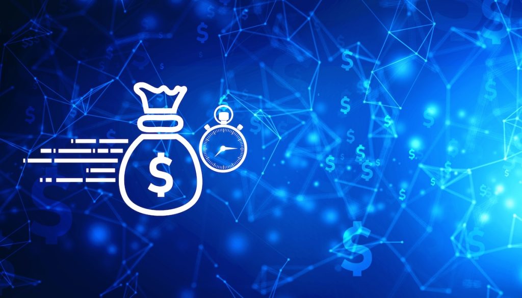 timely accurate payment, Dollar with stopwatch on technology background