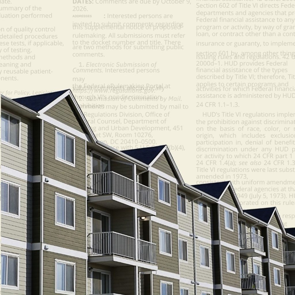 Affordable multifamily housing with Federal Register text in the background highlighting HUD’s proposed Title VI regulatory changes, HUD Title VI changes