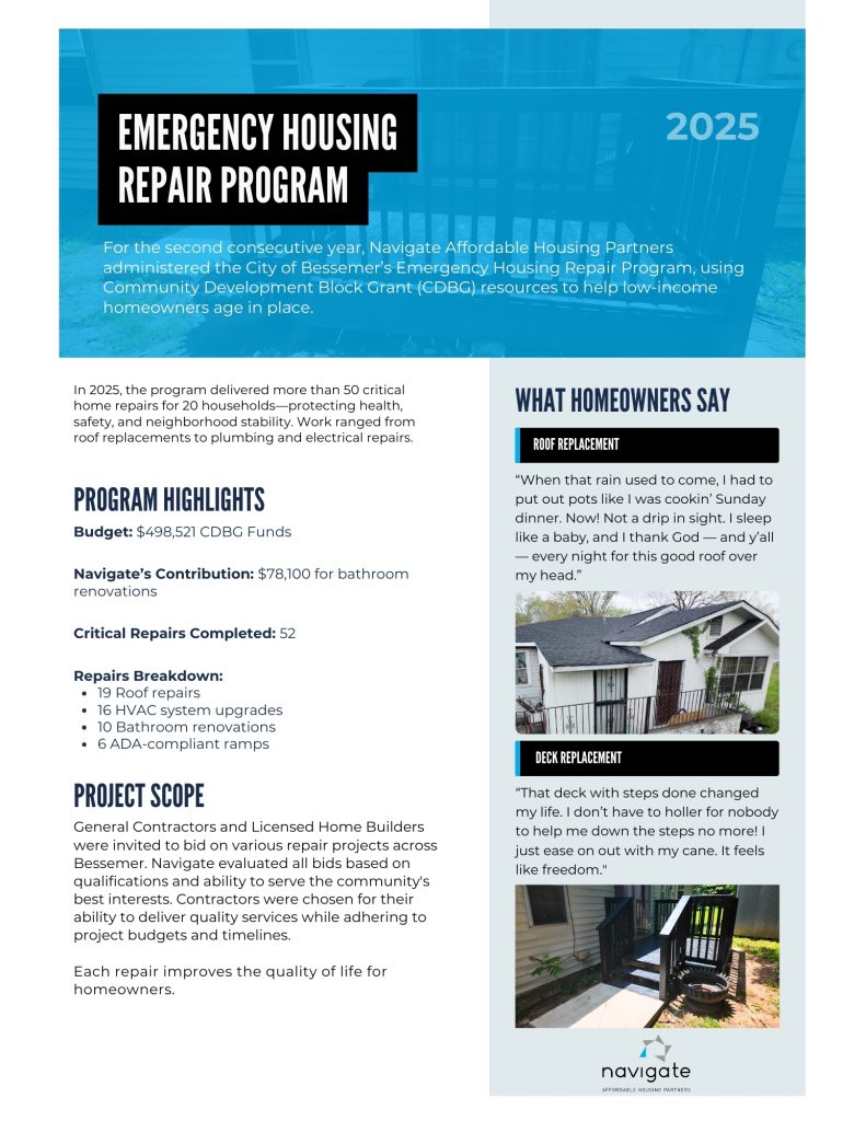 A flyer for the 2025 Emergency Housing Repair Program administered by Navigate Affordable Housing Partners, highlighting program scope, budget, and homeowner testimonials with images of a repaired roof and deck.