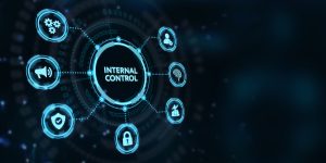 Internal Controls, Businessman presses button internal control on virtual screens. Business, Technology, Internet and network concept.