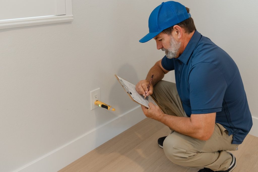 Property professional testing an electrical outlet during a multifamily housing inspection.
