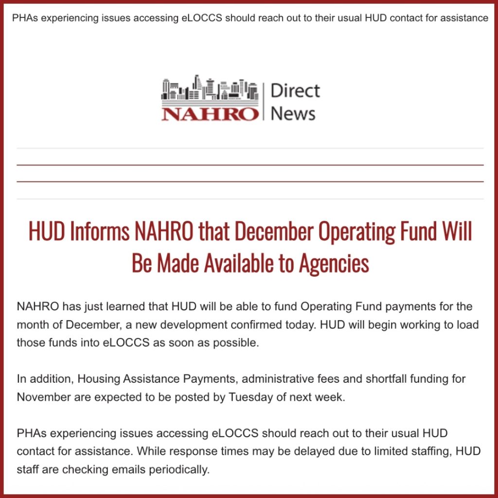 NAHRO Email screenshot, HUD informs NAHRO that December Opertaing Fund Will Be Made Available to Agencies, HUD December Operating Fund
