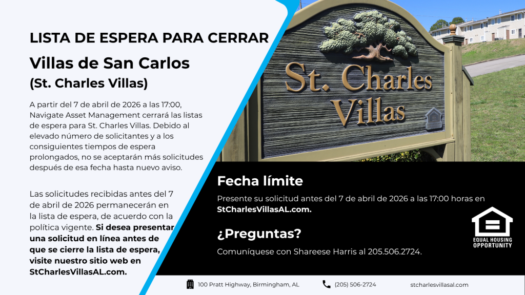 Spanish graphic notice that St. Charles Villas’ waiting list will close April 7, 2026, at 5 PM, with application information, website, phone number, property sign photo, and Equal Housing Opportunity logo. Waiting Lists