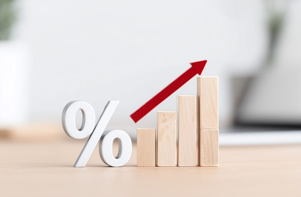 Wooden bar chart, percent symbol, and upward red arrow illustrating rising interest and inflation rates, cna e-tool rates