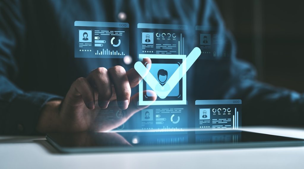 EIV-SAVE, Digital KYC verification with hand interacting on holographic interface.